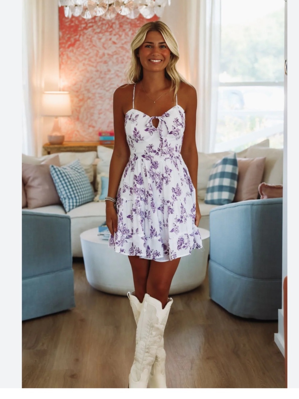 Haute Monde S Tie-Front Sundress in White and Lavender